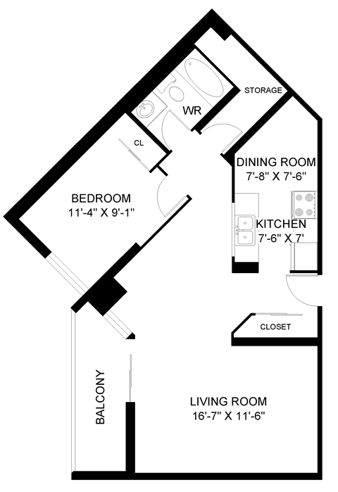 Floor plan for 1 bed, 1 bath, 767 sqft